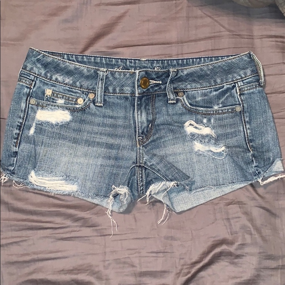 American Eagle light wash destressed denim shorts